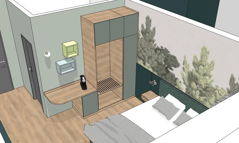 Visualisierung von Kleiderschrank, Garderobe und Arbeitsplatz im Gästezimmer