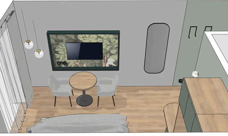 Visualisierung der Sitzecke mit Tisch, zwei Stühlen und Wand-TV